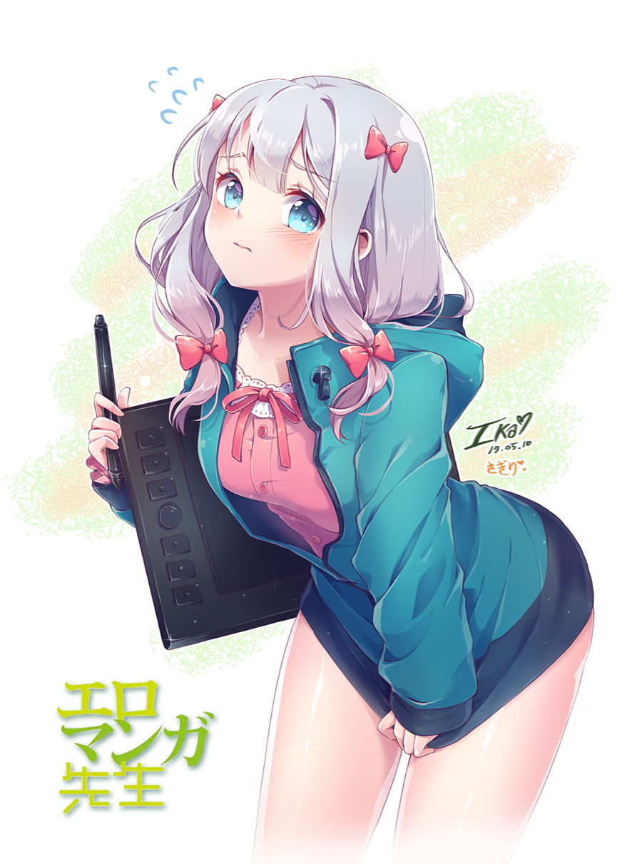 1girl bangs blue_eyes blue_hoodie blush bow breasts commentary_request dated eromanga_sensei eyebrows_visible_through_hair hair_bow hair_ribbon highres holding holding_pen hood hoodie ika_(4801055) izumi_sagiri leaning_forward long_hair long_sleeves looking_at_viewer medium_breasts medium_hair pen pink_bow pink_ribbon pink_shirt pulling ribbon shirt sidelocks signature silver_hair solo standing translation_request