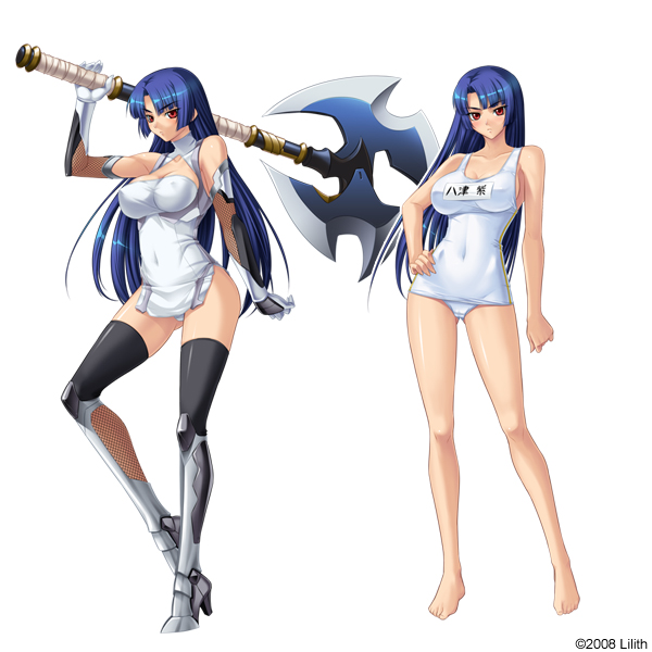 armor ass_visible_through_thighs axe bangs bare_shoulders barefoot black_legwear blue_hair blunt_bangs blush boots breasts cleavage cleavage_cutout clenched_hand closed_mouth company_name contrapposto covered_navel covered_nipples dated dress elbow_gloves fishnets full_body game_cg gloves greaves halterneck hand_on_hip hand_up high_heel_boots high_heels hime_cut hips holding holding_weapon huge_weapon kagami_hirotaka knee_boots large_breasts legs long_hair looking_at_viewer multiple_views name_tag ninja official_art one-piece_swimsuit panties pantyshot pantyshot_(standing) parted_bangs pelvic_curtain red_eyes school_swimsuit short_dress sideboob simple_background single_vertical_stripe skin_tight standing swimsuit taimanin_(series) taimanin_murasaki taut_clothes thighhighs turtleneck underwear very_long_hair weapon white_background white_panties white_swimsuit yatsu_murasaki