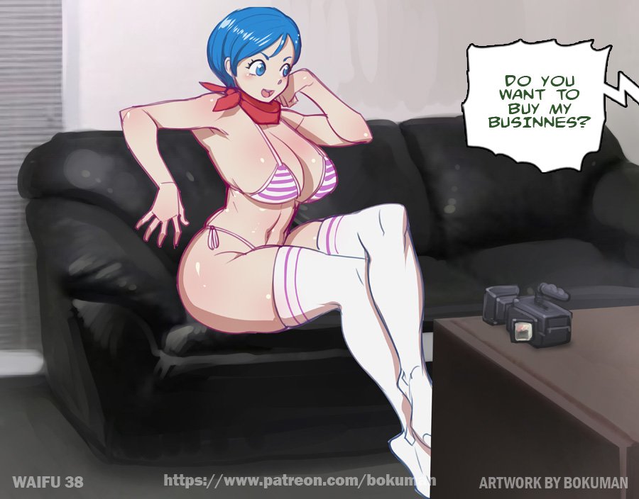 1girl bikini blue_eyes blue_hair bokuman breasts bulma camera casting_couch couch desk dragon_ball dragon_ball_super large_breasts scarf short_hair smile solo speech_bubble striped striped_bikini swimsuit thick_thighs thighhighs thighs white_legwear