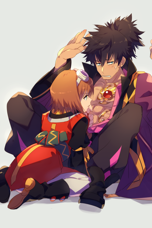 1boy 1girl black_hair brown_hair echo_(circa) full_body goggles goggles_on_head raven_(tales) rita_mordio short_hair simple_background tales_of_(series) tales_of_vesperia