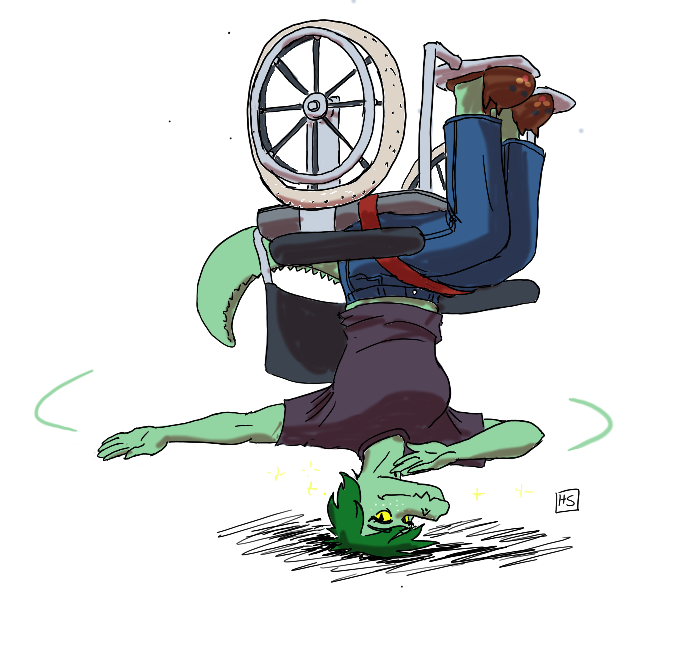 alligator alligatorid anthro breakdancing clothed clothing crocodilian female green_body green_hair hair heartsick looking_at_viewer olivia_(snoot_game) reptile scalie simple_background snoot_game_(fan_game) solo upside_down video_games wheelchair white_background yellow_sclera