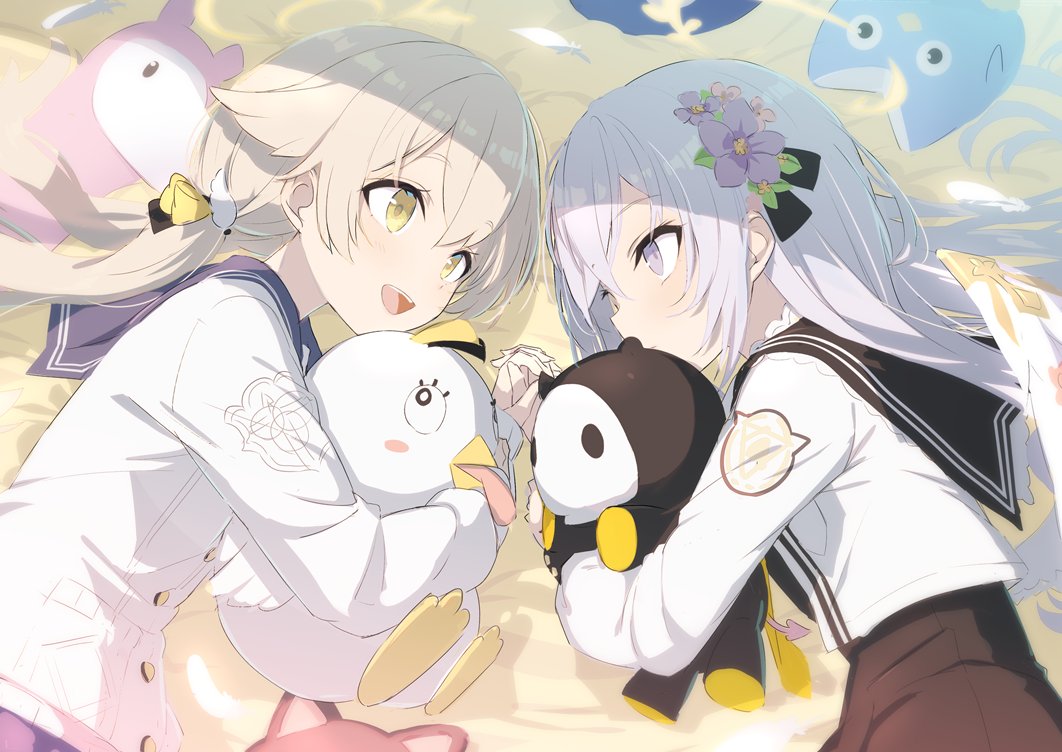 2girls ahoge azusa_(blue_archive) bangs black_sailor_collar black_skirt blonde_hair blue_archive blue_sailor_collar bow cardigan commentary crossed_bangs feathered_wings feathers flower gotyou grey_eyes grey_hair hair_bow hair_flower hair_ornament halo hifumi_(blue_archive) holding_hands interlocked_fingers long_hair looking_at_another low_twintails lying multiple_girls object_hug on_side open_mouth outdoors peroro_(blue_archive) sailor_collar school_uniform serafuku sidelocks skirt smile stuffed_animal stuffed_toy twintails upper_body very_long_hair white_feathers wings yellow_bow yellow_eyes yuri