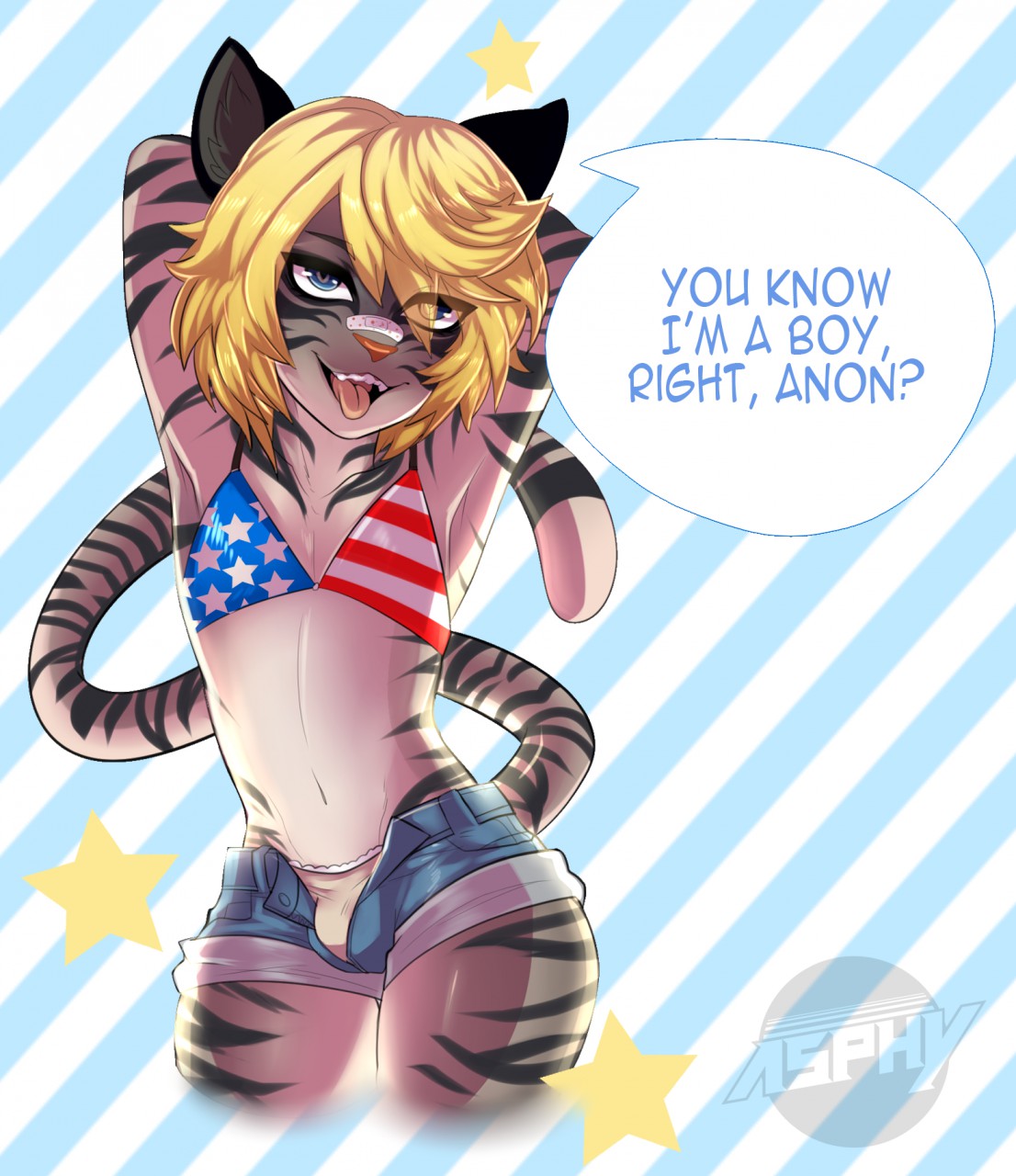 american_flag_bikini anthro bandaid_on_face bikini bikini_top blonde_hair blue_eyes bottomwear bulge clothed clothing crossdressing cutoffs denim denim_clothing dialogue drakkin english_text eye_through_hair felid girly hair hair_over_eye hands_behind_head hi_res hotpants male mammal one_eye_obstructed pantherine shorts snow_leopard solo speech_bubble swimwear text tongue tongue_out translucent translucent_hair watermark