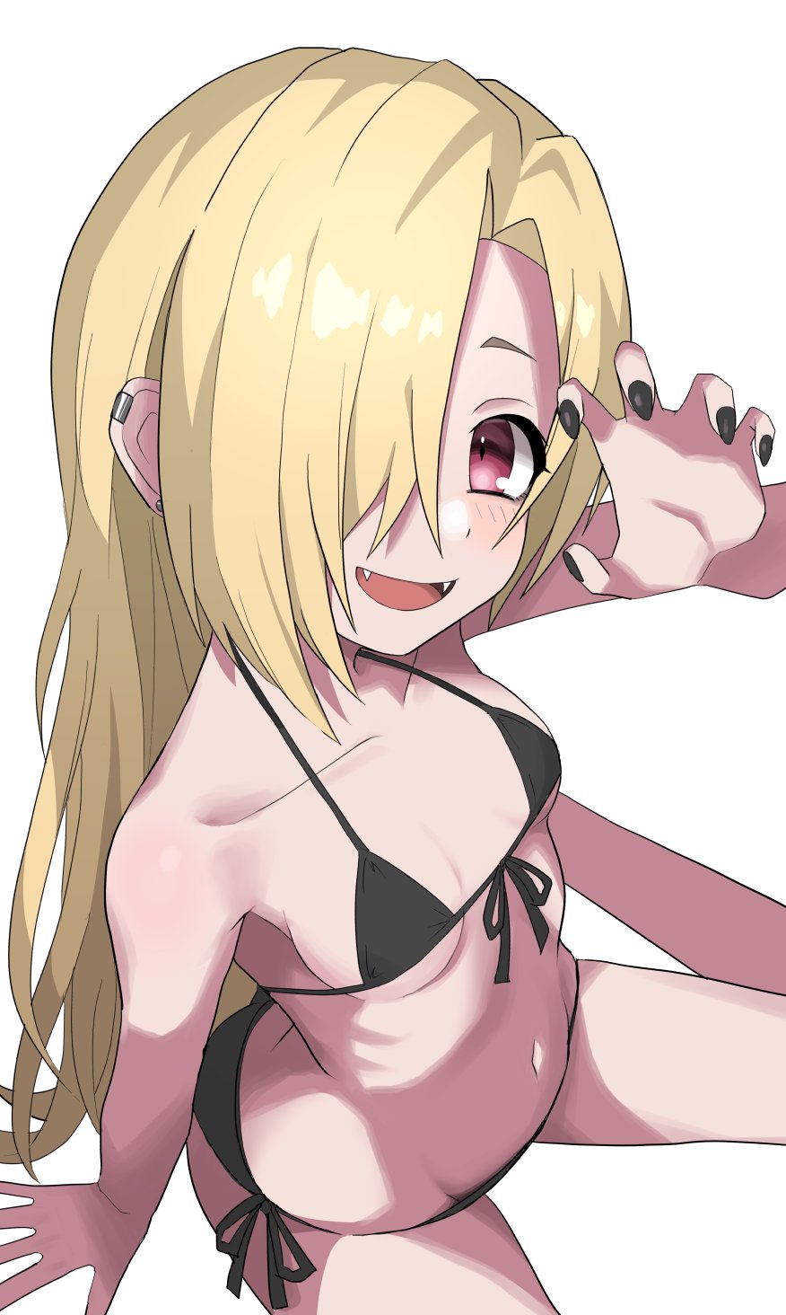 1girl :d arm_support bikini black_bikini black_nails blonde_hair breasts collarbone commentary fangs hair_over_one_eye halulu highres idolmaster idolmaster_cinderella_girls long_hair looking_at_viewer nail_polish open_mouth red_eyes shirasaka_koume simple_background small_breasts smile solo swimsuit symbol-only_commentary white_background