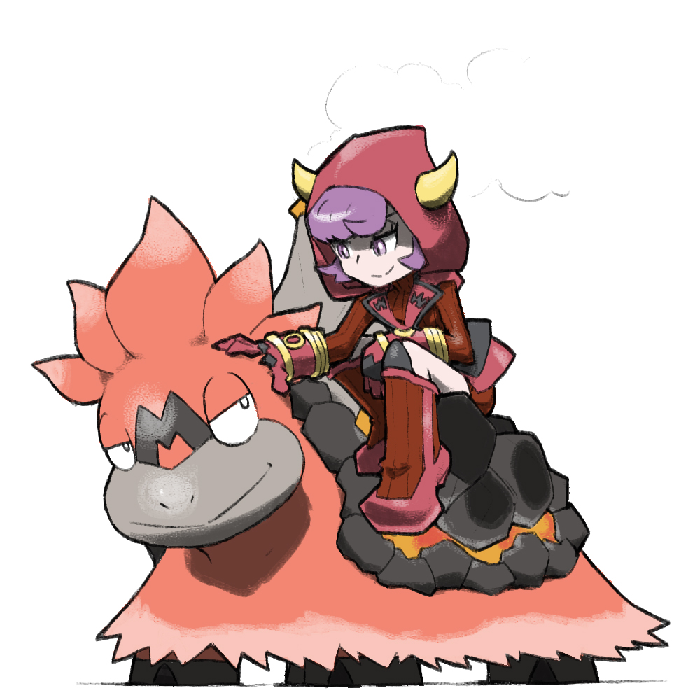 1girl blacknirrow camerupt closed_mouth courtney_(pokemon) english_text gloves hood hood_up horned_hood horns mega_camerupt mega_pokemon petting pink_gloves pokemon pokemon_(game) pokemon_oras purple_eyes purple_hair short_hair simple_background smile split_mouth team_magma turtleneck white_background