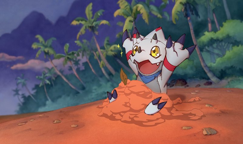 anthro bandai_namco bandanna beach buried_in_sand claws digimon digimon_(species) disney gammamon horn kerchief lilo_and_stitch male sand screencap_redraw seaside smile solo thenavwolf white_body yellow_eyes