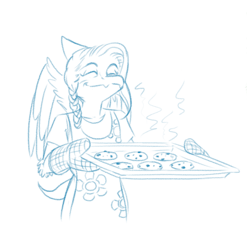 anthro apron baking baking_tray braided_hair clothing cookie dinosaur eyes_closed feathered_wings feathers female food hair handwear mature_female mittens monochrome protonmono pterodactylus pterosaur reptile samantha_(snoot_game) scalie sketch snoot_game_(fan_game) solo tired_eyes wings