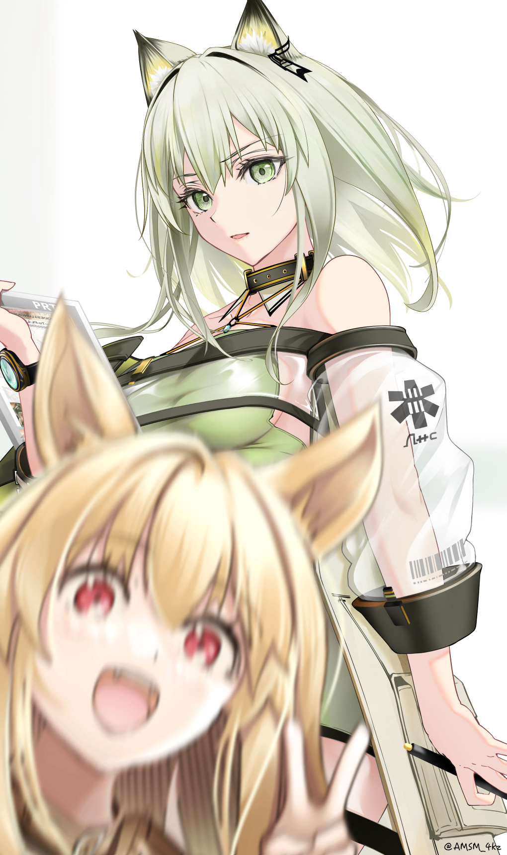 2girls animal_ear_fluff animal_ears arknights bangs bare_shoulders blurry breasts brown_hair cat_ears ceobe_(arknights) choker dog_ears dog_girl dress fang green_dress green_eyes green_hair hair_between_eyes highres holding holding_stylus holding_tablet_pc jacket kal'tsit_(arknights) long_hair looking_at_viewer medium_breasts multiple_girls off_shoulder open_clothes open_jacket open_mouth photobomb red_eyes see-through see-through_sleeves sideboob signature simple_background smile star_of_life stylus tablet_pc twitter_username v white_background white_jacket yokaze_(yokajie)