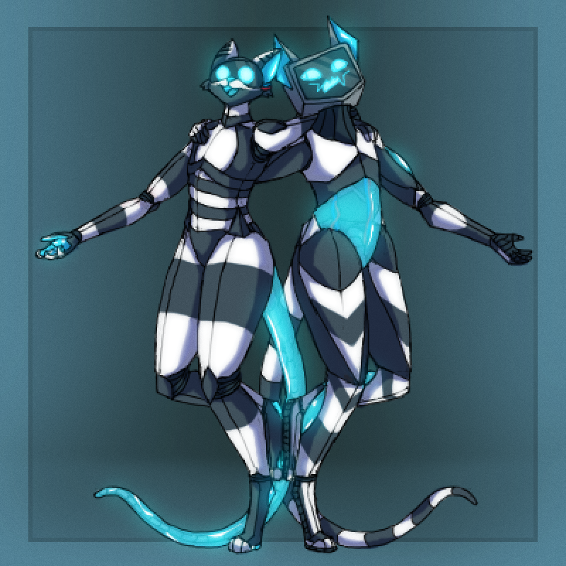 1:1 android anthro arm_around_shoulders arm_out black_and_white_body blueblindbird df1-03 df2-02 digital_drawing_(artwork) digital_media_(artwork) digitigrade duo featureless_crotch felid feline for_a_head glowing glowing_ears glowing_eyes glowing_pawpads machine male mammal markings monitor object_head pawpads pixelated pose robot screen screen_face screen_head segmented_body segmented_tail shaded simple_background striped_markings stripes television translucent translucent_belly translucent_body translucent_tail tubes tubing tv_head wire