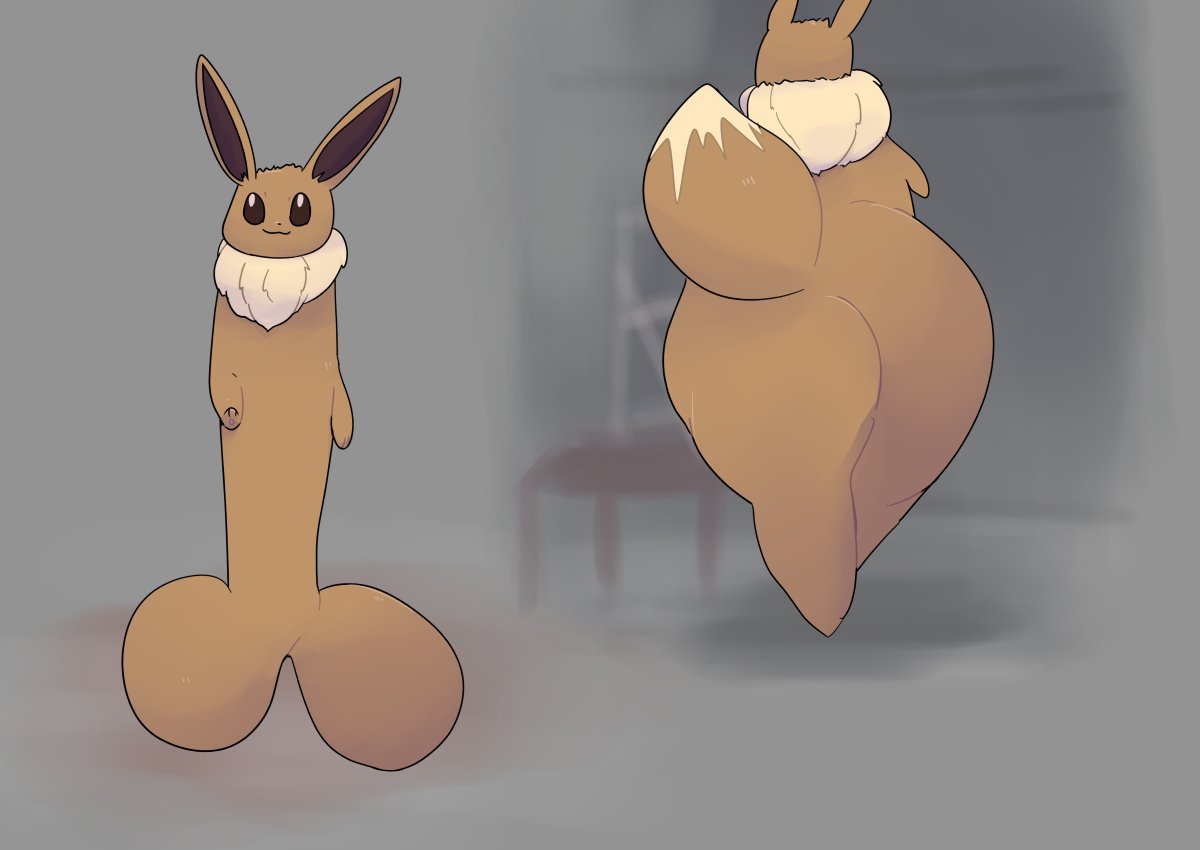 ambiguous_gender anthro big_butt biped boke_(artist) brown_body brown_eyes butt eevee front_view generation_1_pokemon nintendo penis_shape pokemon pokemon_(species) rear_view simple_background solo thick_thighs video_games vinesauce