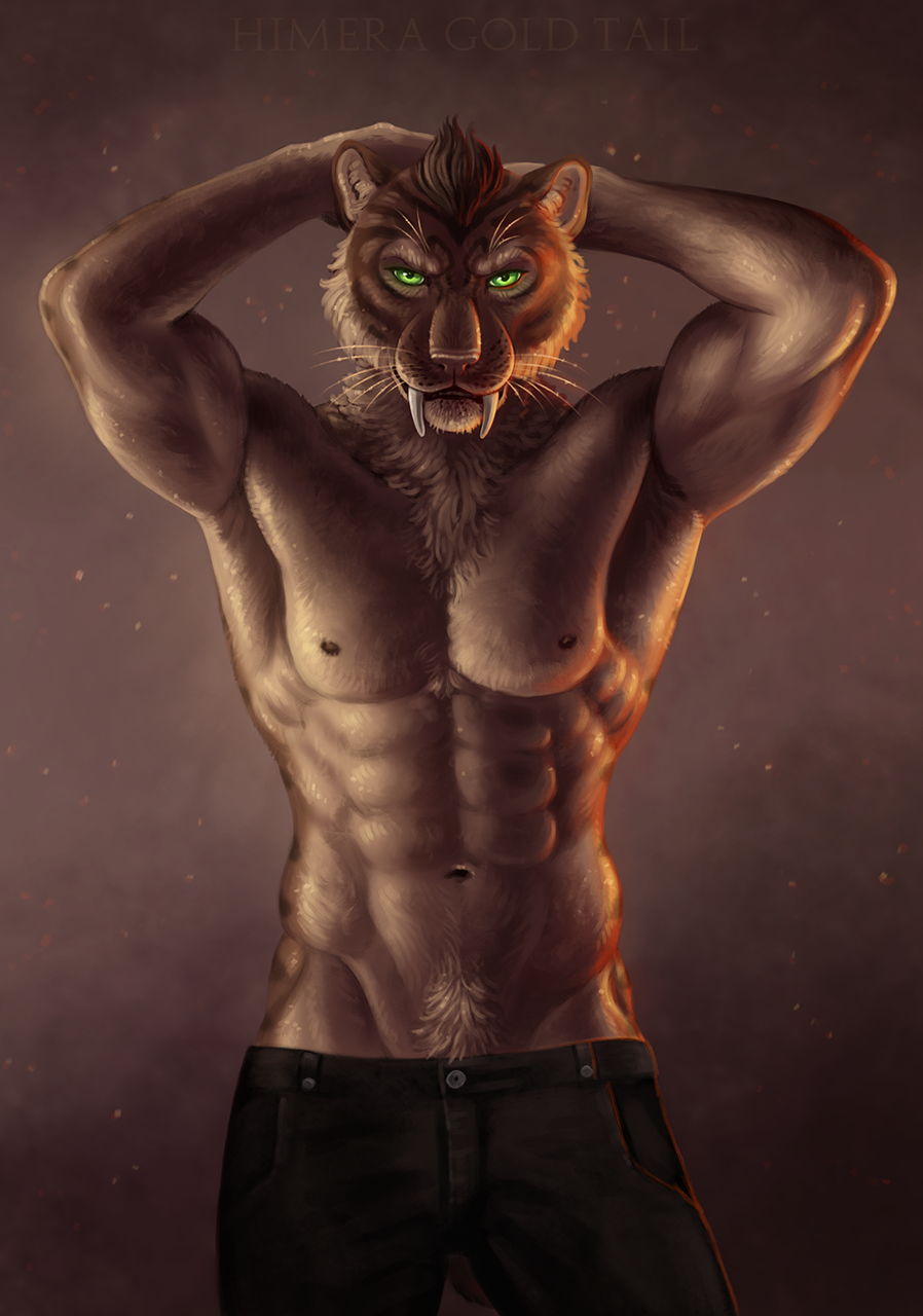 abs anthro artist_name big_fangs black_bottomwear black_clothing black_pants bottomwear brown_body brown_fur clothed clothing fangs felid fur green_eyes hands_behind_head head_tuft hi_res himeragoldtail looking_at_viewer male mammal muscular muscular_anthro muscular_male narrowed_eyes navel pants pecs portrait pose pubes simple_background solo standing tan_body tan_fur tan_pubes three-quarter_portrait topless tuft