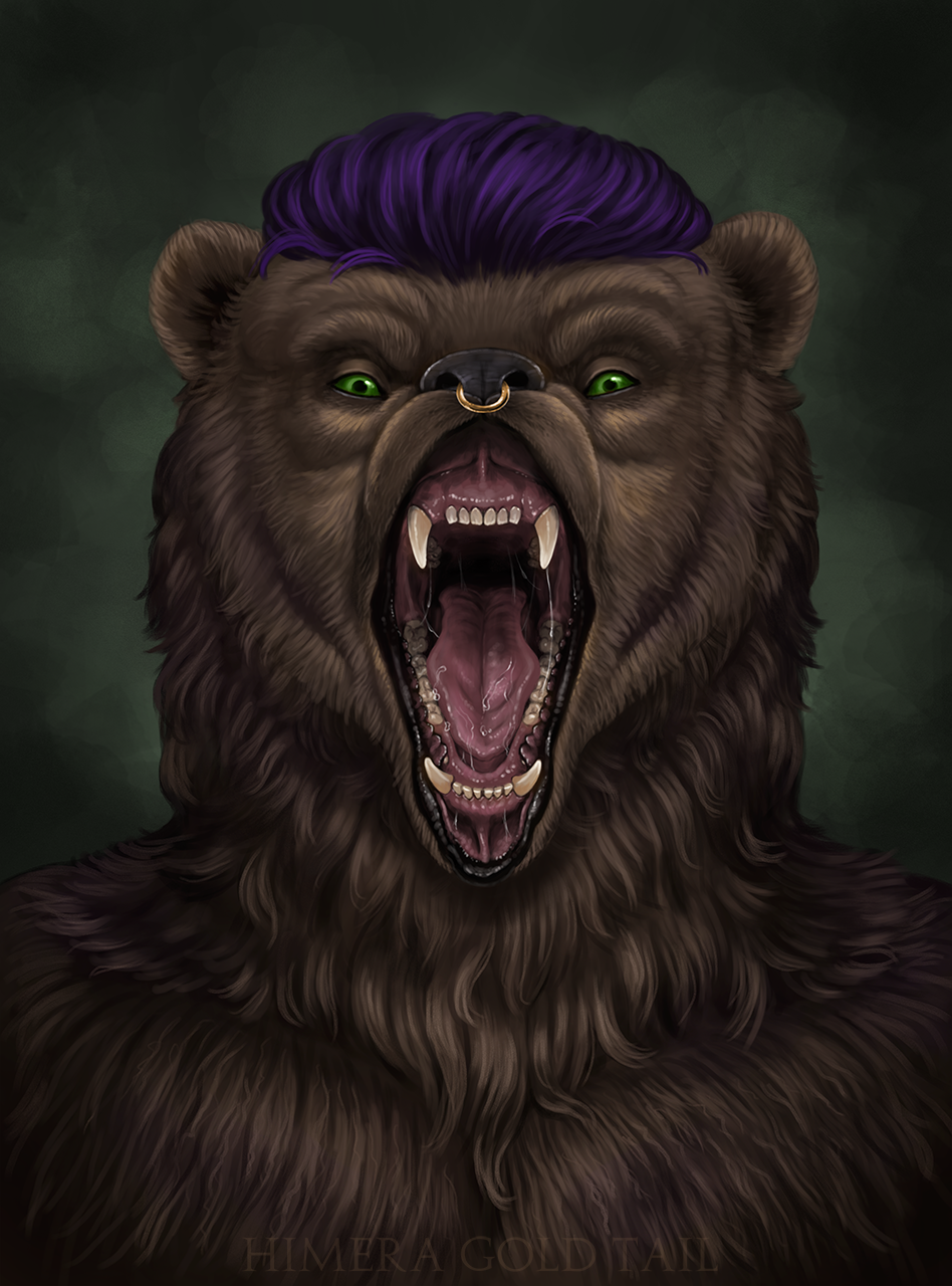 anthro artist_name black_lips black_nose bodily_fluids brown_body brown_fur bust_portrait facial_piercing fur glistening glistening_eyes green_eyes hair hi_res himeragoldtail lips looking_at_viewer male mammal monotone_body monotone_fur mouth_shot nose_piercing nose_ring nude open_mouth piercing portrait purple_hair red_tongue ring_piercing saliva saliva_on_tongue saliva_string septum_piercing septum_ring short_hair simple_background solo tan_teeth tongue ursid