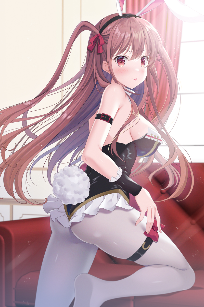 1girl :p animal_ears ass atarashi_ako black_hairband black_leotard blush bow breasts brown_eyes brown_hair closed_mouth commentary_request couch curtains day fake_animal_ears frilled_leotard frills hair_bow hairband highres indoors large_breasts leotard long_hair looking_at_viewer looking_back naruse_mamoru no_shoes on_couch pantyhose rabbit_ears red_bow saki saki_achiga-hen smile soles sunlight tongue tongue_out two_side_up very_long_hair white_pantyhose window