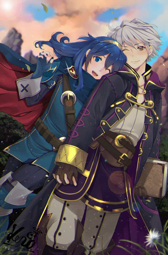 1boy 1girl armor belt black_robe blue_cape blue_eyes blue_gloves blue_hair blush book brown_belt brown_eyes brown_gloves cape closed_mouth cloud commentary dated fingerless_gloves fire_emblem fire_emblem_awakening gloves hetero holding holding_book holding_hands hood hood_down hooded_robe kero_sweet long_hair long_sleeves lucina_(fire_emblem) multiple_belts one_eye_closed open_clothes open_mouth open_robe outdoors pants red_cape robe robin_(fire_emblem) robin_(fire_emblem)_(male) shirt short_hair shoulder_armor signature sky smile teeth tiara two-tone_cape upper_teeth white_hair white_pants white_shirt