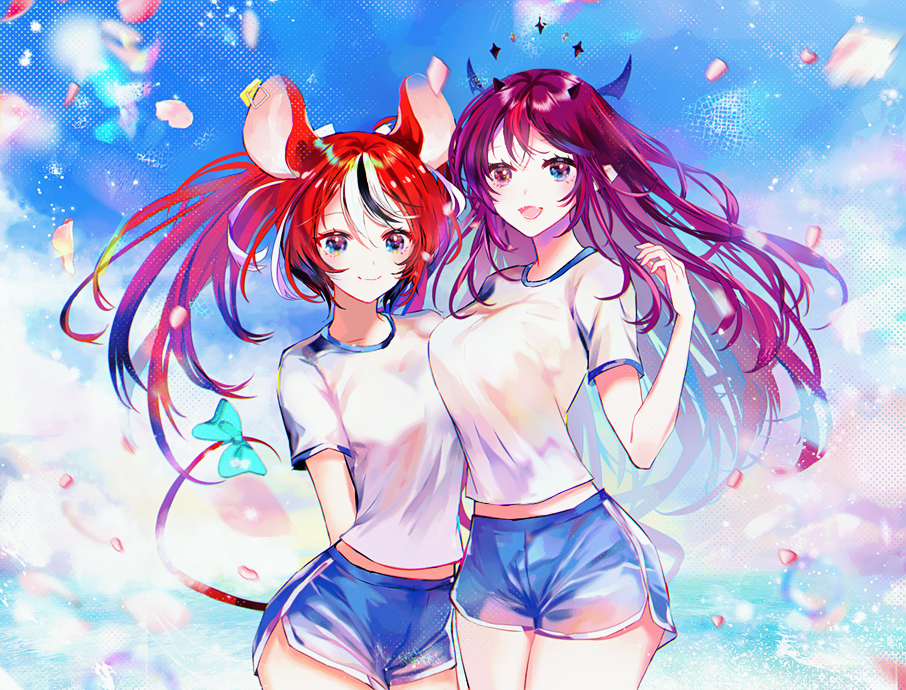 2girls :d alternate_costume animal_ears arm_behind_back black_hair blue_bow blue_eyes blue_shorts blue_sky blush bow breasts closed_mouth cloud cloudy_sky commentary cowboy_shot demon_horns fangs gym_uniform hakos_baelz heterochromia hololive hololive_english horns irys_(hololive) long_hair looking_at_viewer medium_breasts midriff mouse_ears mouse_girl mouse_tail mousetrap multicolored_hair multiple_girls narrow_waist open_mouth petals purple_eyes purple_hair red_hair shirt short_shorts short_sleeves shorts side-by-side sky smile sowon standing streaked_hair symbol-only_commentary t-shirt tail tail_bow tail_ornament twintails virtual_youtuber white_hair white_shirt