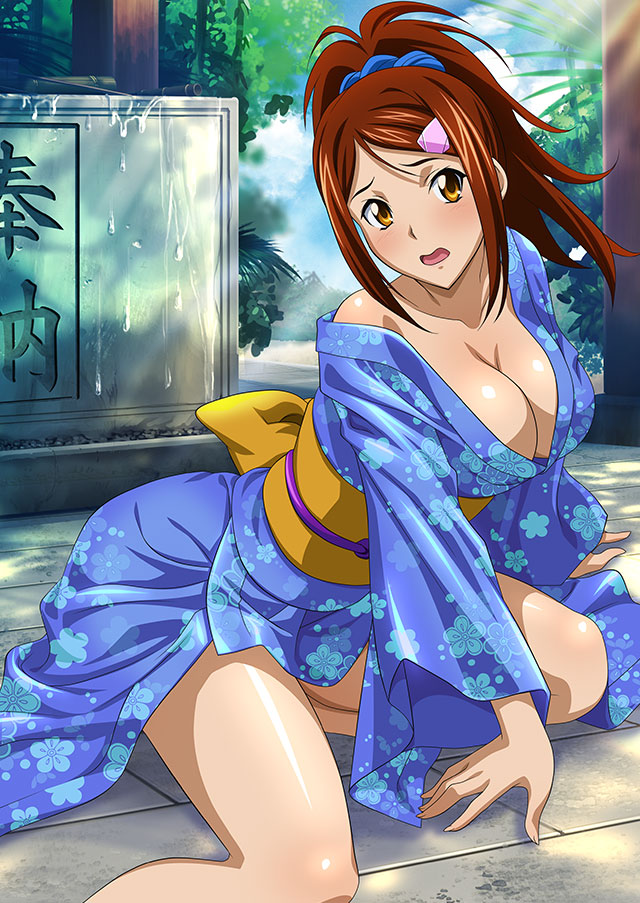 1girl bachou_mouki bangs bare_legs blue_kimono blue_scrunchie breasts brown_eyes brown_hair cleavage collarbone day floral_print hair_ornament hair_scrunchie hairclip high_ponytail ikkitousen japanese_clothes kimono large_breasts long_hair looking_at_viewer naked_kimono obi open_mouth outdoors print_kimono sash scrunchie shiny shiny_hair shiny_skin solo sunlight swept_bangs wavy_mouth