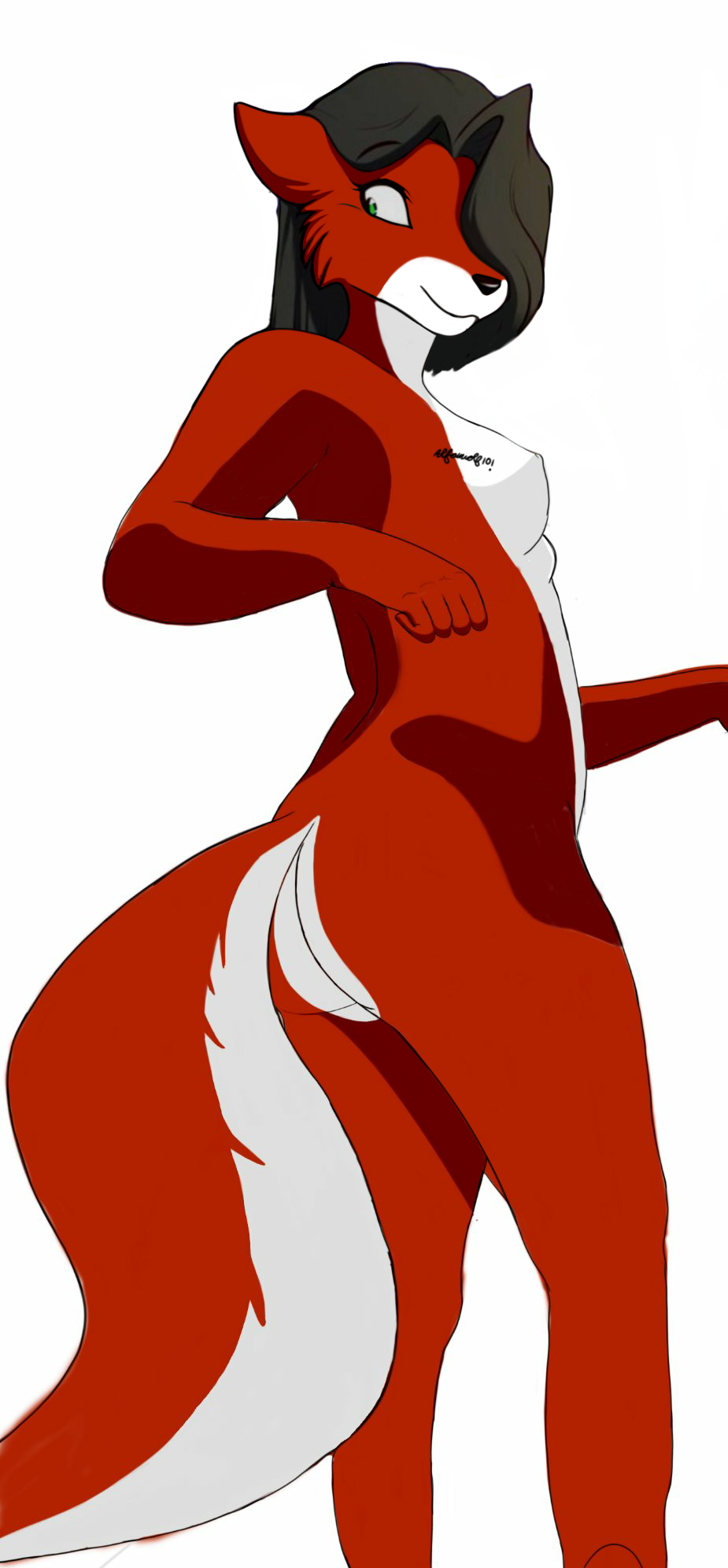 alfa_wolf10! anthro black_hair breasts butt canid canine canis chest_tattoo female fur green_eyes hair hi_res humanoid mammal multicolored_body red_body red_fur red_wolf solo tattoo two_tone_body white_body white_fur wolf