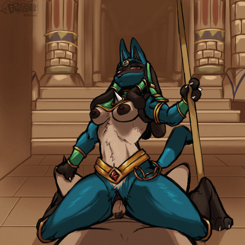 1:1 2022 3_claws 3_fingers 3_toes accessory big_breasts black_body black_fur black_hands black_nipples black_pussy blue_body blue_fur bottomless bottomless_female breasts canid canine claws clothed clothing dreadlocks duo egypt_(location) egyptian egyptian_clothing egyptian_mythology emotionless feet female female_on_top fingers fur generation_4_pokemon genitals gold_(metal) gold_headwear gold_jewelry green_accessory green_jewelry hair_accessory holowear_(pokemon) interspecies jewelry looking_at_viewer looking_down_at_viewer lucario male male/female mammal middle_eastern_mythology moojuicers muscular muscular_female mythology nintendo nipples on_top piller pokemon pokemon_(species) pokemon_unite pokephilia pubes pubes_exposed pussy ruins_style_lucario security_guard short_fur solo text toes url video_games watermark yellow_body yellow_fur