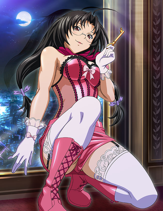 1girl ahoge alternate_costume black_hair boots breasts brown_eyes feet_out_of_frame floating_hair garter_straps glasses gloves hair_intakes hair_ribbon holding holding_key ikkitousen kaku_bunwa key knee_boots long_hair medium_breasts miniskirt one_knee open_mouth pencil_skirt pink_footwear pink_skirt purple_ribbon ribbon shiny shiny_hair sideboob skirt smile solo thighhighs twintails white_gloves white_thighhighs