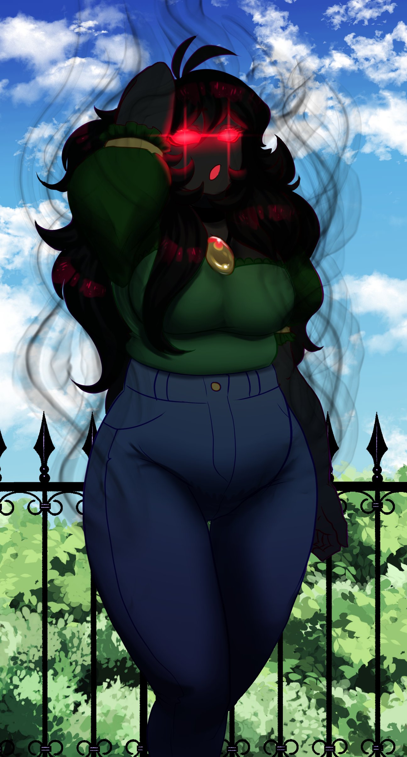 a_hat_in_time absurd_res amulet anthro aspenofsimpcon bottomwear clothing denim denim_clothing detailed_background female ghost green_clothing hair hi_res humanoid jeans long_hair mature_female mom_jeans pants queen_vanessa_(ahit) red_eyes solo spirit