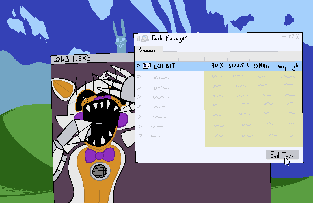 ambiguous_gender animatronic anthro bow_tie canid canine computer_mouse computer_screen computer_virus_(program) empty_eyes english_text five_nights_at_freddy's five_nights_at_freddy's_world fox gglloooopp humor lipstick lolbit_(fnaf) looking_at_viewer machine makeup mammal microsoft microsoft_windows multicolored_body open_mouth robot scottgames sharp_teeth sister_location solo task_manager teeth text two_tone_body video_games white_body windows_xp