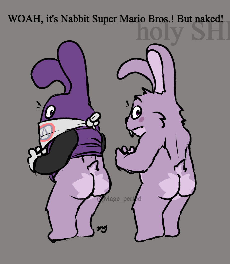 2022 anthro bandanna barefoot blush blush_marks butt cheek_markings clothed clothing digital_drawing_(artwork) digital_media_(artwork) english_text facial_markings feet flat_colors floppy_ears fluffy fur gloves grey_background handwear head_markings kerchief lagomorph leporid looking_at_viewer looking_back looking_back_at_viewer mage_period male mammal mario_bros markings nabbit nintendo nude partially_clothed profanity purple_body purple_clothing purple_eyes purple_fur rabbit rear_view short signature simple_background solo surprise surprised_expression text tuft undressing undressing_self video_games watermark