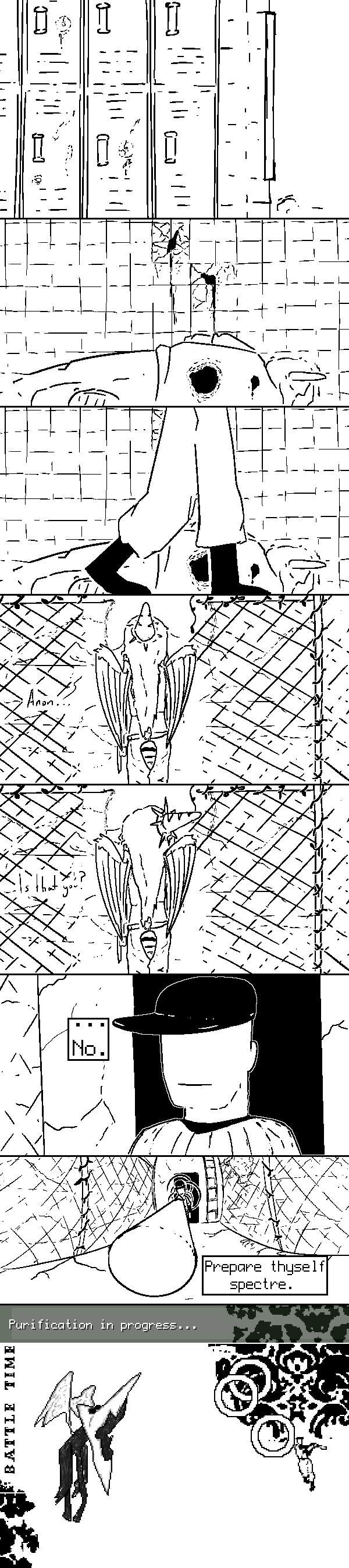 absurd_res anthro bald baseball_bat baseball_cap baseball_uniform bat_(object) bullet_hole bullet_wound chain-link_fence clothed clothing comic crossover dialogue digital_media_(artwork) dinosaur duo english_text fang_(gvh) feathered_wings feathers featureless_face female fence gglloooopp goodbye_volcano_high hair hat headgear headwear hi_res human locker long_hair long_image male mammal markings monochrome off_(game) open_mouth pixel_(artwork) pterodactylus pterosaur reptile scalie snoot_game_(fan_game) sportswear tall_image text the_batter_(off) uniform video_games vines weapon wings