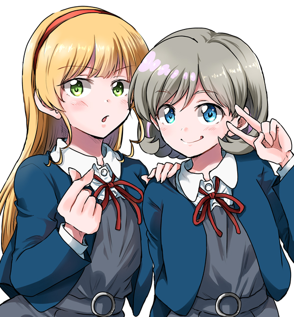 2girls :o :q bangs blonde_hair blue_eyes blue_jacket closed_mouth collared_shirt commentary dress flipped_hair green_eyes grey_dress grey_hair hand_on_another's_shoulder hand_up heanna_sumire jacket long_hair looking_at_viewer love_live! love_live!_superstar!! medium_hair multiple_girls neck_ribbon o-ring open_mouth pinafore_dress red_ribbon ribbon school_uniform shirt sidelocks simple_background tang_keke tongue tongue_out unya v white_background winter_uniform yuigaoka_school_uniform