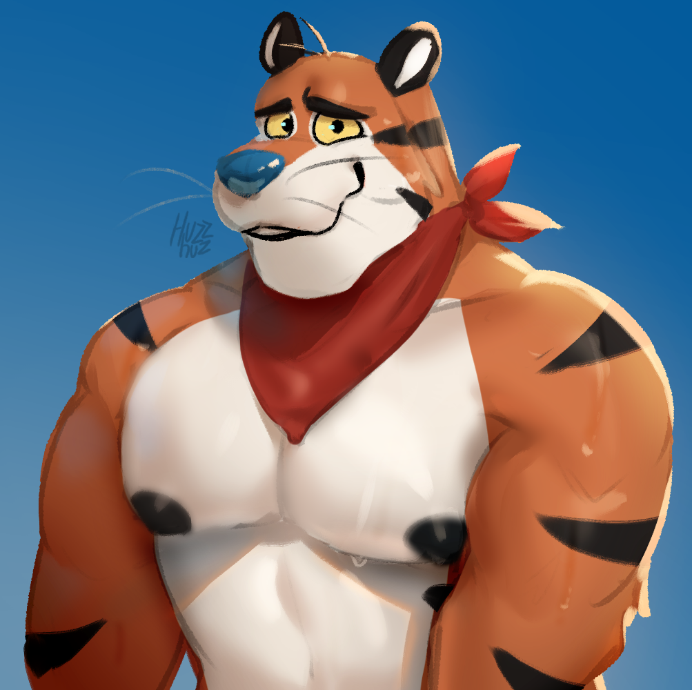 anthro blue_nose bodily_fluids bust_portrait felid frosted_flakes fur gradient_background huzzhuz kellogg's looking_at_viewer male mammal mascot muscular muscular_anthro muscular_male neckerchief nipples orange_body orange_fur pantherine pecs portrait simple_background solo striped_body striped_fur stripes sweat tiger tony_the_tiger whiskers yellow_eyes