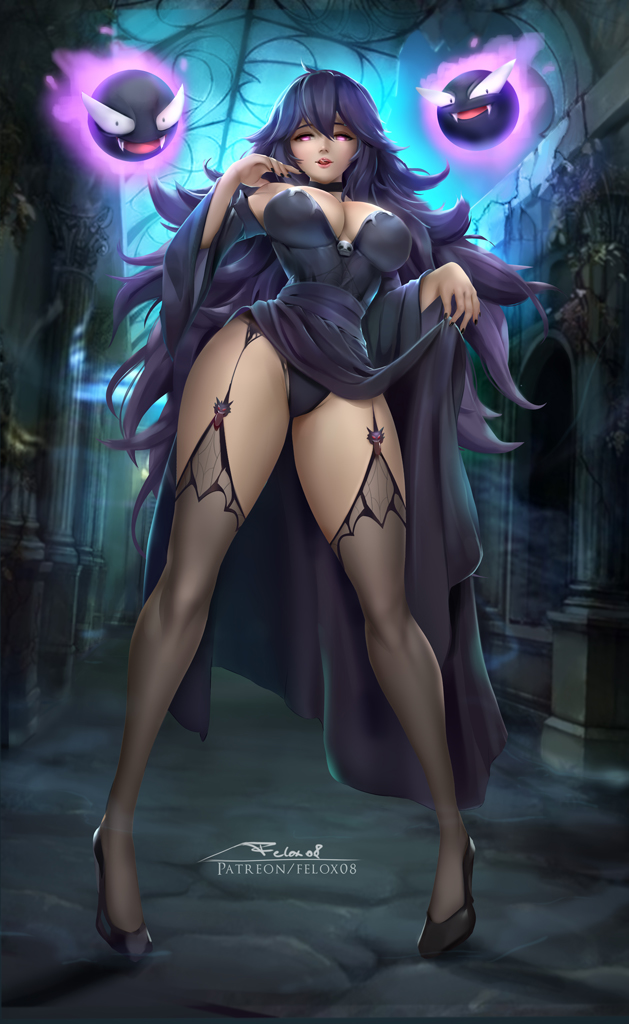 1girl black_nails breasts cleavage clothes_lift detached_sleeves dress dress_lift english_commentary fangs felox08 garter_belt gastly gengar graveyard halloween halloween_costume haunting hex_maniac_(pokemon) high_heels leotard lips long_hair mausoleum naughty_face paid_reward_available pokemon pokemon_(creature) pokemon_(game) pokemon_xy purple_eyes purple_hair spirit standing tombstone very_long_hair