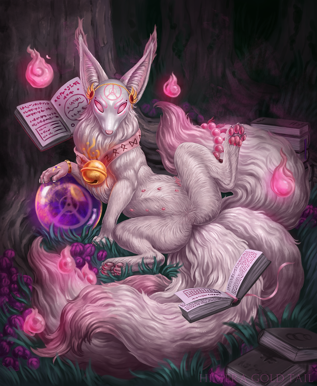 2021 ambiguous_gender artist_name bell book canid canine chest_tuft claws colored_fire digital_media_(artwork) ear_tuft empty_eyes feral fire flower fluffy fluffy_tail full-length_portrait fur grass hi_res himeragoldtail inner_ear_fluff mammal multi_tail neck_tuft nipples pawpads paws pink_body pink_fire pink_fur pink_nipples pink_nose pink_pawpads pink_tail plant portrait purple_flower solo spread_legs spreading tree tuft white_body white_claws white_fur white_inner_ear_fluff white_tail