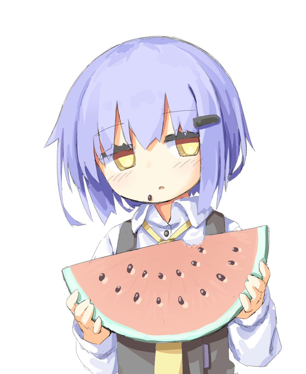 1girl :o bangs black_vest blue_hair blush collared_shirt commentary_request eating eyes_visible_through_hair food food_bite food_on_face fruit hair_ornament hairclip half-closed_eyes hands_up highres holding holding_food holding_fruit long_sleeves looking_at_viewer looking_to_the_side necktie no_nose no_pupils original parted_lips puffy_long_sleeves puffy_sleeves shirt short_hair simple_background solo thick_eyelashes upper_body vest w_arms watermelon watermelon_seeds watermelon_slice white_background white_shirt wing_collar yellow_eyes yellow_necktie ymnhsi
