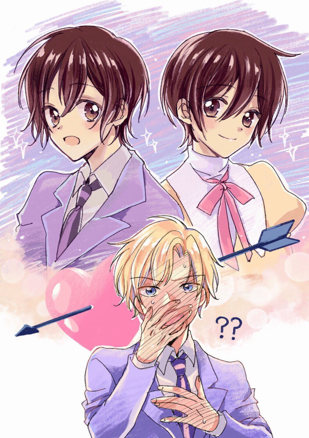 1boy 1girl ? ?? arrow_through_heart blonde_hair blue_eyes blue_jacket blush brown_eyes brown_hair collared_shirt covering_mouth crossdressing dress dual_persona fujioka_haruhi hair_between_eyes hand_on_own_chest hand_over_own_mouth highres jacket looking_at_viewer neck_ribbon necktie open_mouth ouran_high_school_host_club ouran_high_school_uniform pink_ribbon puffy_sleeves ribbon school_uniform shirt short_hair smile sparkle striped_necktie suou_tamaki suzuki_(2red_moon3) sweat white_shirt yellow_dress