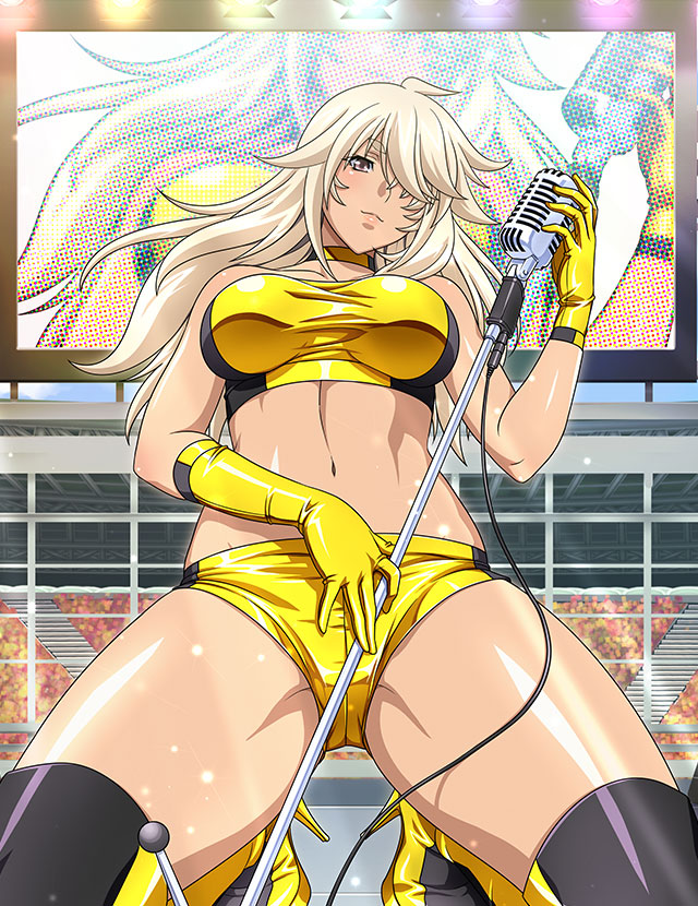 1girl alternate_costume asymmetrical_gloves black_footwear boots breasts brown_eyes closed_mouth collarbone elbow_gloves gloves groin hair_over_one_eye high_heel_boots high_heels holding holding_microphone_stand ikkitousen kneeling large_breasts leaning_back long_hair looking_at_viewer micro_shorts microphone_stand musashibou_benkei_(ikkitousen) navel outdoors shorts skin_tight solo stadium straight_hair thigh_boots two-tone_footwear white_hair yellow_bandeau yellow_footwear yellow_gloves yellow_shorts