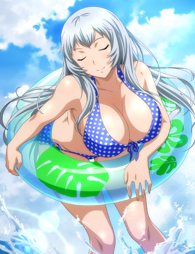 1girl bangs bare_arms bare_legs bikini blue_bikini blue_sky breasts chouun_shiryuu cleavage closed_eyes closed_mouth cloud collarbone day facing_viewer floating_hair front-tie_bikini_top front-tie_top grey_hair ikkitousen innertube large_breasts long_hair outdoors polka_dot polka_dot_bikini shiny shiny_hair side-tie_bikini_bottom sideboob sky smile soaking_feet solo straight_hair swimsuit very_long_hair