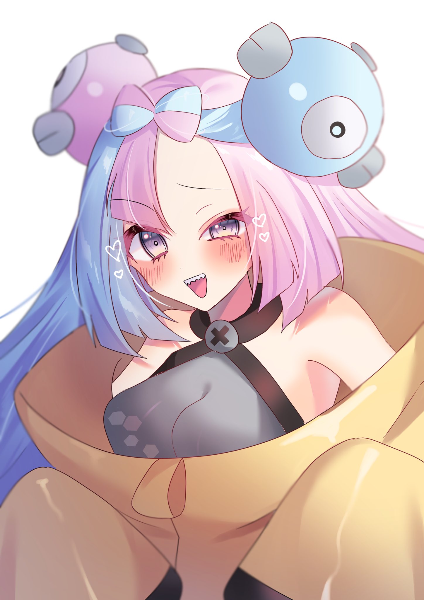 1girl :d bare_shoulders black_coat blue_hair blush bow-shaped_hair breasts coat eyelashes eyes_visible_through_hair halterneck heart hexagon_print highres iono_(pokemon) light_blue_hair long_hair long_sleeves looking_at_viewer magnemite magnet medium_breasts multicolored_coat multicolored_hair one-eyed open_mouth pink_eyes pink_hair pokemon pokemon_(creature) pokemon_(game) pokemon_sv rip_1031 screw sharp_teeth simple_background smile teeth two-tone_coat two-tone_hair uneven_eyes white_background yellow_coat
