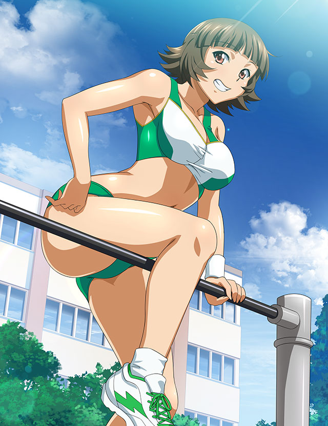 1girl armpits bangs bare_arms blue_sky blunt_bangs breasts brown_eyes brown_hair buruma chouhi_ekitoku cleavage cloud collarbone day green_buruma grin ikkitousen large_breasts lens_flare navel outdoors shiny shiny_hair shiny_skin shoes short_hair sky smile sneakers socks solo sports_bra sportswear sunlight white_footwear white_socks