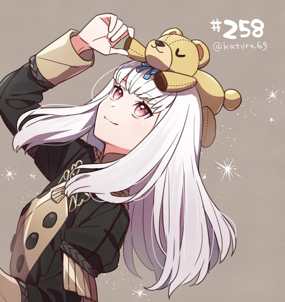 1girl bangs buttons closed_mouth commentary_request fire_emblem fire_emblem:_three_houses fire_emblem_heroes garreg_mach_monastery_uniform grey_background hair_between_eyes juria0801 long_hair long_sleeves looking_up lysithea_von_ordelia numbered on_head pink_eyes simple_background smile solo stuffed_animal stuffed_toy teddy_bear twitter_username uniform upper_body white_hair
