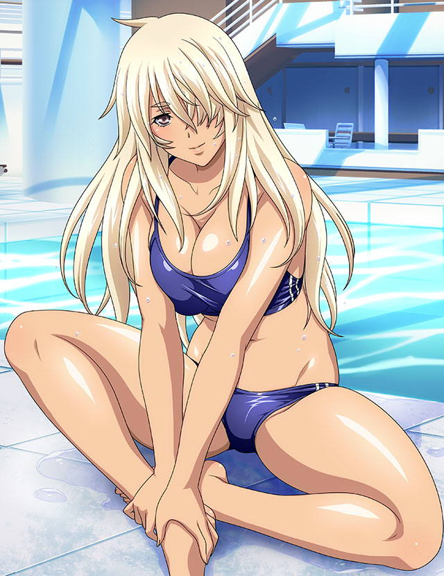 1girl bare_arms bare_legs barefoot bikini blue_bikini breasts brown_eyes cleavage closed_mouth collarbone groin hair_over_one_eye ikkitousen indian_style indoors large_breasts long_hair looking_at_viewer musashibou_benkei_(ikkitousen) navel poolside shiny shiny_skin sitting smile solo sports_bikini straight_hair swimsuit very_long_hair white_hair