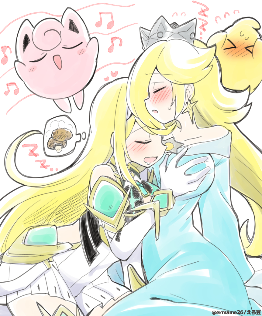 blonde_hair blush duo eromame face_in_breasts female generation_1_pokemon hair jigglypuff luma mario_bros mythra_(xenoblade) nintendo pokemon pokemon_(species) rosalina_(mario) singing sleeping sound_effects super_mario_galaxy super_smash_bros. super_smash_bros._ultimate video_games vowelless vowelless_sound_effect xenoblade_chronicles_2 zzz