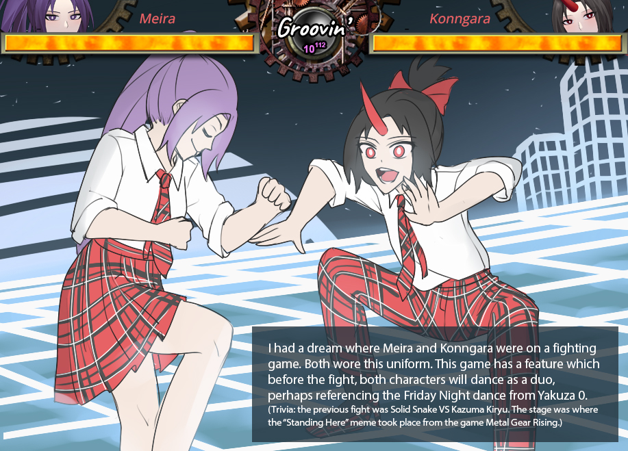 2girls arms_up aroevela black_hair bright_pupils character_name clenched_hands closed_eyes closed_mouth collared_shirt dance_floor dancing english_text hair_ribbon horns knee_up konngara_(touhou) long_hair meira_(touhou) multiple_girls necktie oni open_hands open_mouth pants plaid plaid_footwear plaid_pants plaid_skirt plaid_tie ponytail purple_hair red_eyes red_footwear red_horns red_ribbon ribbon ryuu_ga_gotoku_(series) ryuu_ga_gotoku_0 shirt single_horn skirt skyline smile squatting star_(sky) teeth tongue touhou touhou_(pc-98) user_interface vaporwave white_pupils white_shirt