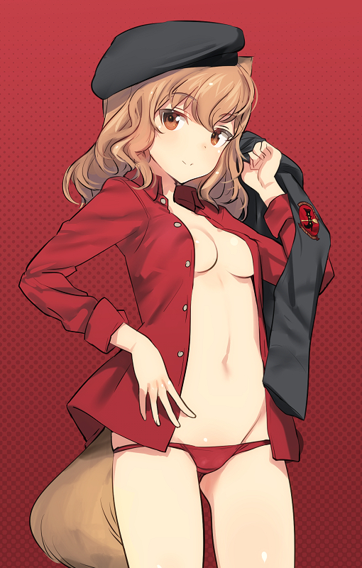 1girl 504th_joint_fighter_wing 504th_joint_fighter_wing_(emblem) animal_ears beret black_headwear black_jacket breasts breasts_apart brown_eyes brown_hair cowboy_shot fernandia_malvezzi hat jacket jacket_over_shoulder jacket_removed long_sleeves looking_at_viewer lowleg lowleg_panties marmot_ears marmot_girl marmot_tail navel no_bra no_pants open_clothes open_shirt panties red_background red_panties red_shirt shimada_fumikane shirt small_breasts smile solo standing strike_witches:_kurenai_no_majo-tachi tail unbuttoned underwear world_witches_series