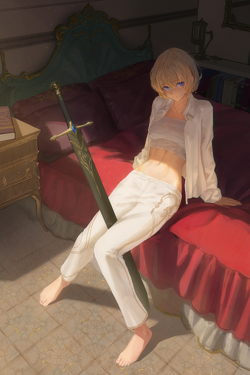 1girl arm_support bangs barefoot bed blonde_hair blue_eyes book closed_mouth collared_shirt commentary commission cool4noodle english_commentary feet full_body hair_between_eyes highres indoors leaning_back long_sleeves looking_at_viewer navel nightstand on_bed open_clothes open_shirt original pants pillow shirt short_hair sitting solo sword tile_floor tiles toes weapon white_pants white_shirt