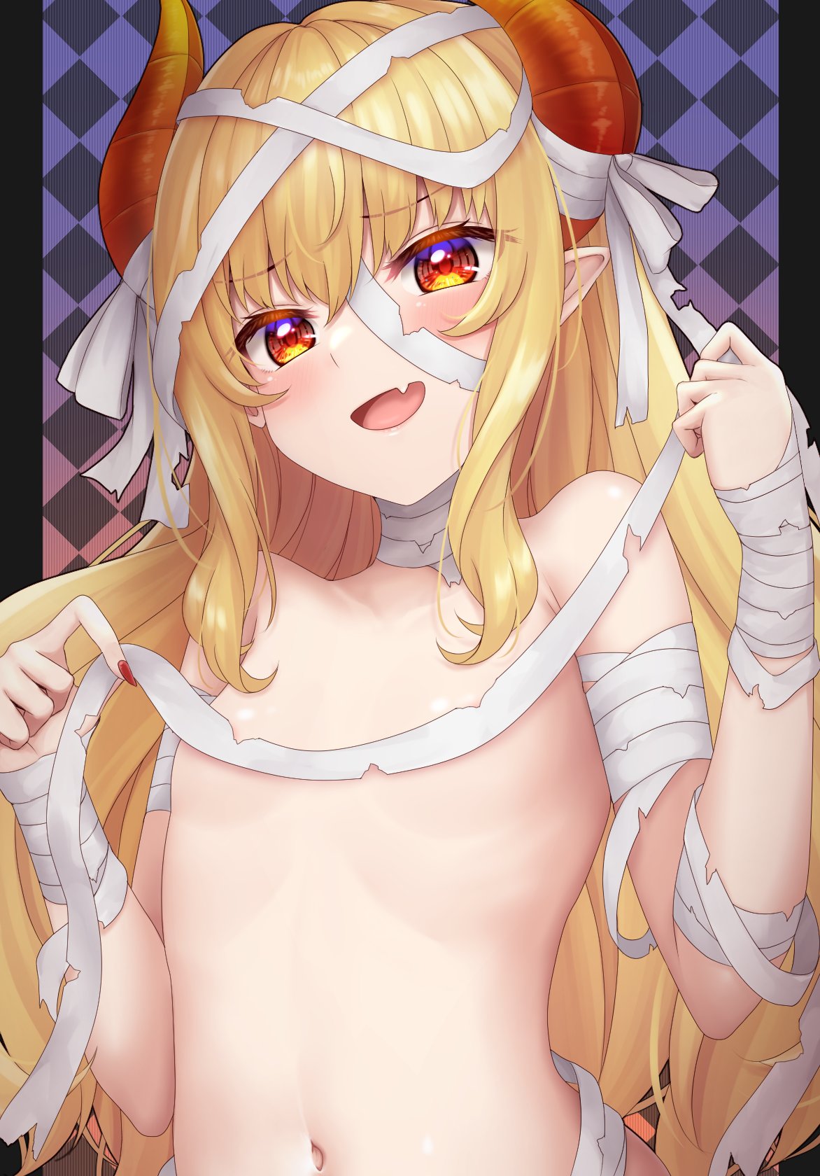 1girl awai_flavia awai_shiro blonde_hair blush collarbone commentary_request demon_girl demon_horns fang fingernails flat_chest hair_between_eyes halloween_costume highres horns indie_virtual_youtuber long_hair looking_at_viewer navel open_mouth pointy_ears red_eyes simple_background skin_fang virtual_youtuber