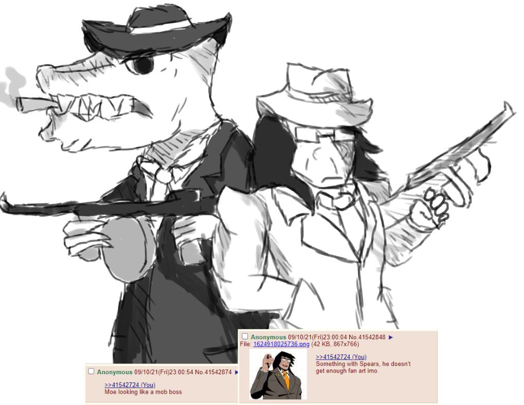 4chan anthro clothed clothing dinosaur duo eyewear glasses gun human male mammal moe_(snoot_game) monochrome primal_(series) principal_spears ranged_weapon reptile requested scalie sketch smoking snoot_game_(fan_game) spear_(primal) submachine_gun suit theropod thompson_gun tyrannosaurid tyrannosaurus unknown_artist video_games weapon