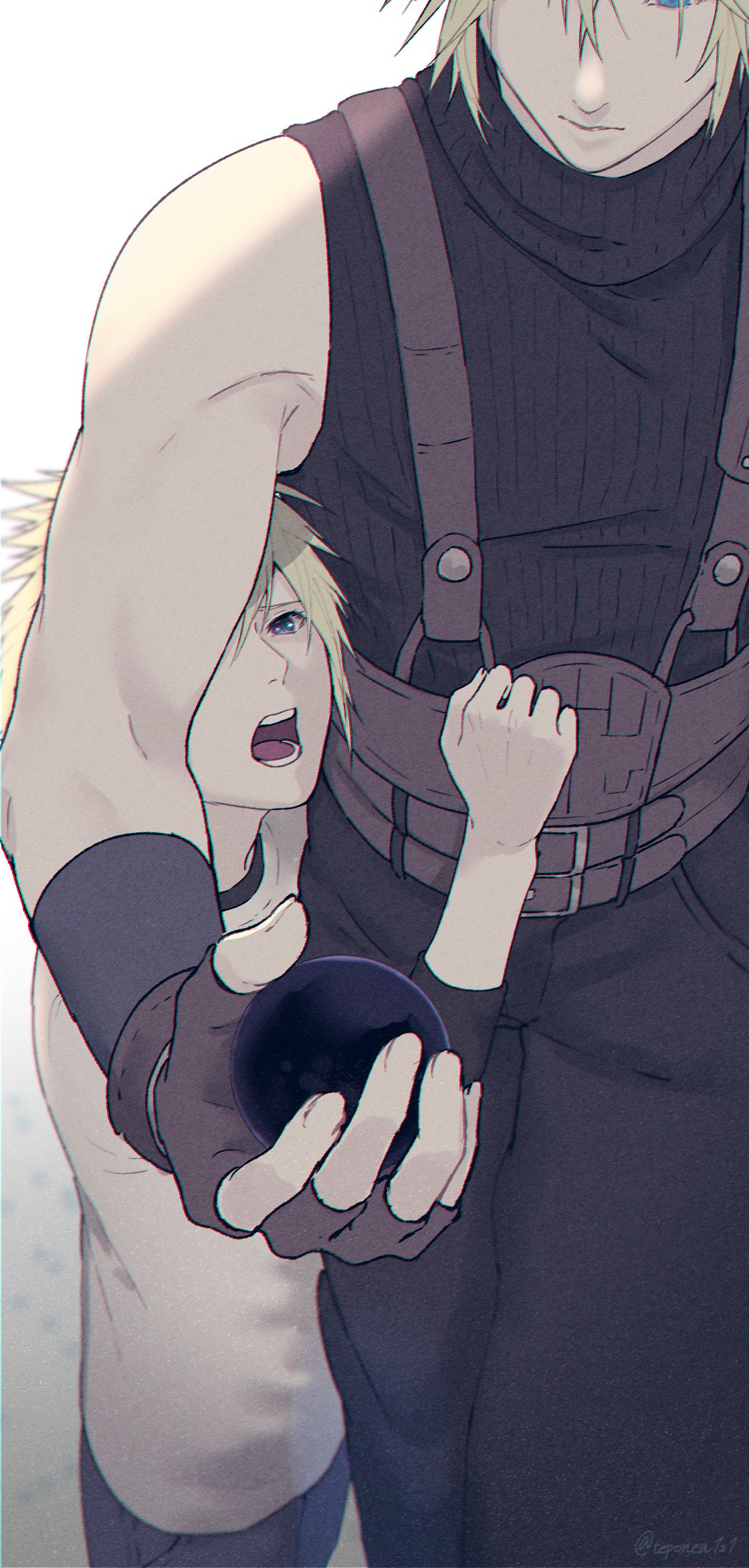 2boys aged_down baggy_pants belt black_shirt blonde_hair blue_eyes blue_shorts brown_belt brown_gloves clothes_tug cloud_strife cowboy_shot crying dual_persona final_fantasy final_fantasy_vii final_fantasy_vii_remake fingerless_gloves fingernails gloves hair_between_eyes highres holding lower_teeth male_child male_focus materia multiple_belts multiple_boys open_mouth pants rei_(teponea121) shirt shirt_under_shirt short_hair shorts single_bare_shoulder sleeveless sleeveless_turtleneck spiked_hair suspenders teeth toned toned_male turtleneck twitter_username upper_teeth white_background white_shirt