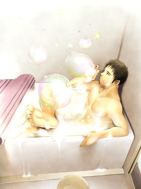 abs bath black_hair bubble bubbles cleaning indoors itto_(mentaiko) male male_focus man mentaiko muscle muscles nude solo