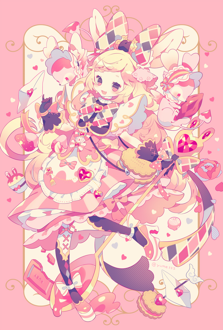 1girl animal_ears apron arrow bag black_gloves blonde_hair boots bow braid bunny bunny_ears commentary_request cookie creature cupcake dress envelope food food_themed_clothes fork frilled_apron frills fruit full_body gloves hair_bow heart heart-shaped_gem high_heel_boots high_heels highres holding holding_spoon long_hair multicolored_bow open_mouth original oversized_object petticoat pink_apron pink_bow pink_dress pink_eyes polka_dot polka_dot_bow shoulder_bag smile solo spoon strawberry striped striped_bow striped_dress twitter_username valentine vertical-striped_dress vertical_stripes very_long_hair yumenouchi_chiharu