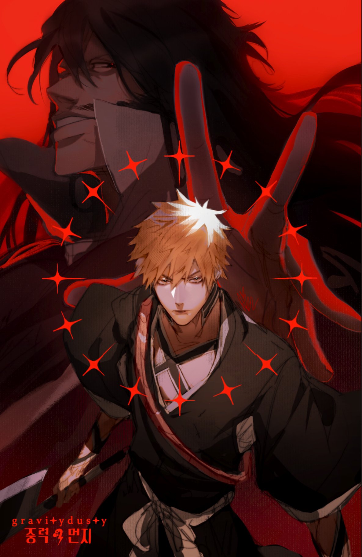 2boys artist_name black_hair black_kimono bleach cowboy_shot facial_hair gravitydusty hair_between_eyes highres holding holding_sword holding_weapon japanese_clothes kimono kurosaki_ichigo long_hair looking_at_viewer male_focus multiple_boys mustache orange_eyes orange_hair outstretched_hand parted_lips popped_collar red_background short_hair spiked_hair sword upper_body weapon wide_sleeves yhwach