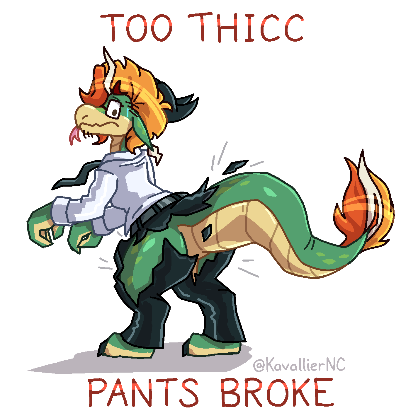 anthro big_butt black_bottomwear black_clothing black_necktie black_pants bottomwear butt clothing dragon dummy_thicc extra_thicc feathers female green_body green_scales grey_text hair hi_res horn kavalliernc looking_back multicolored_body necktie orange_body orange_feathers orange_hair orange_text pants scales shadow shirt signature simple_background solo standing tan_body tan_scales text thick_thighs topwear torn_bottomwear torn_clothing torn_pants two_tone_body white_background white_clothing white_shirt white_topwear